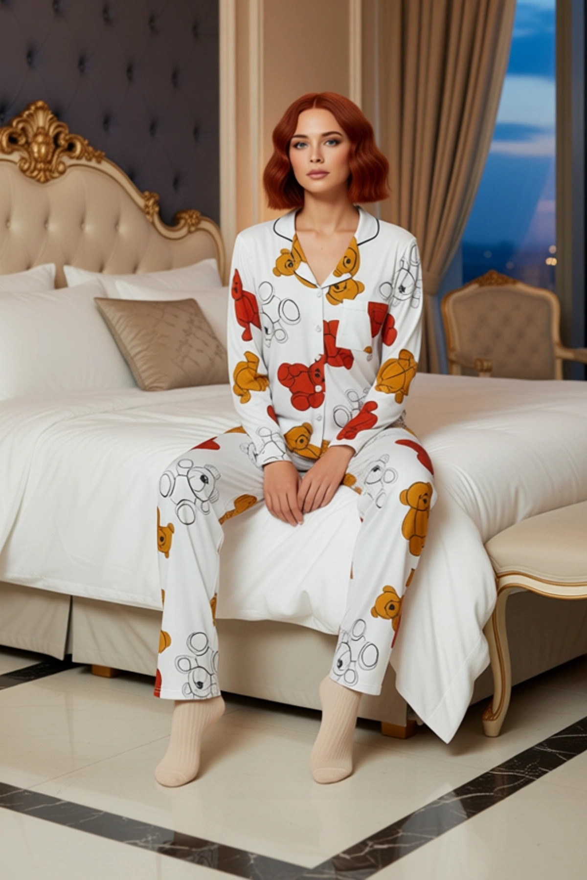 Kadın Ayıcık Desenli Gömlek ve Boru Paça Pijama Takımı Fonksiyonel Dayanıklı Kaliteli Spor