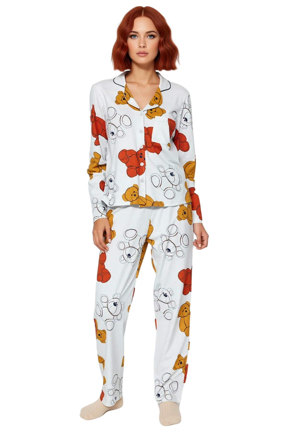 Kadın Ayıcık Desenli Gömlek ve Boru Paça Pijama Takımı Fonksiyonel Dayanıklı Kaliteli Spor