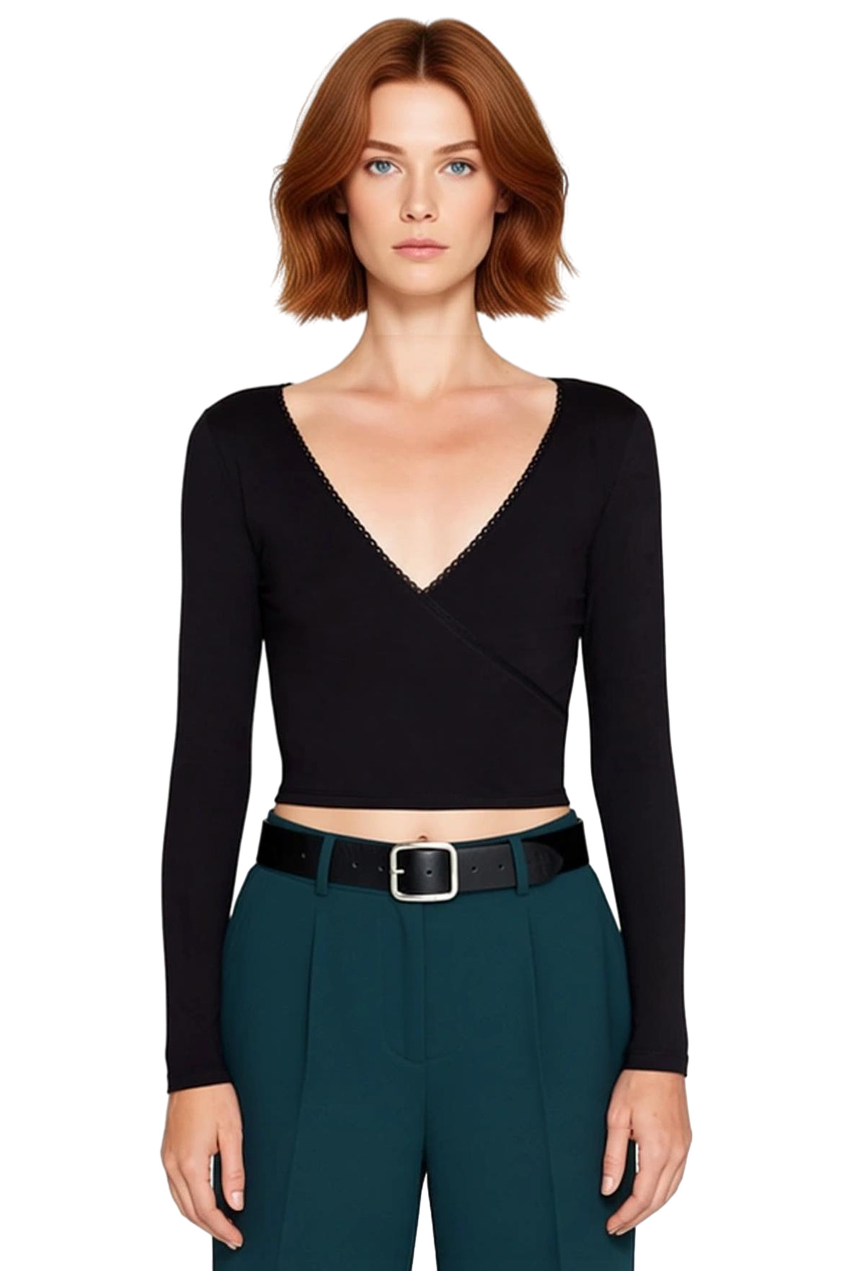 Kadın Ekru V Yaka Fitted Crop Uzun Kol Dantel Detaylı Anvelop Kışlık Pamuklu Elastan Bluz Kaliteli