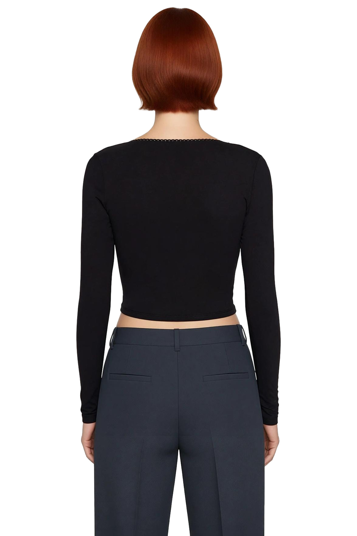 Kadın Ekru V Yaka Fitted Crop Uzun Kol Dantel Detaylı Anvelop Kışlık Pamuklu Elastan Bluz Kaliteli