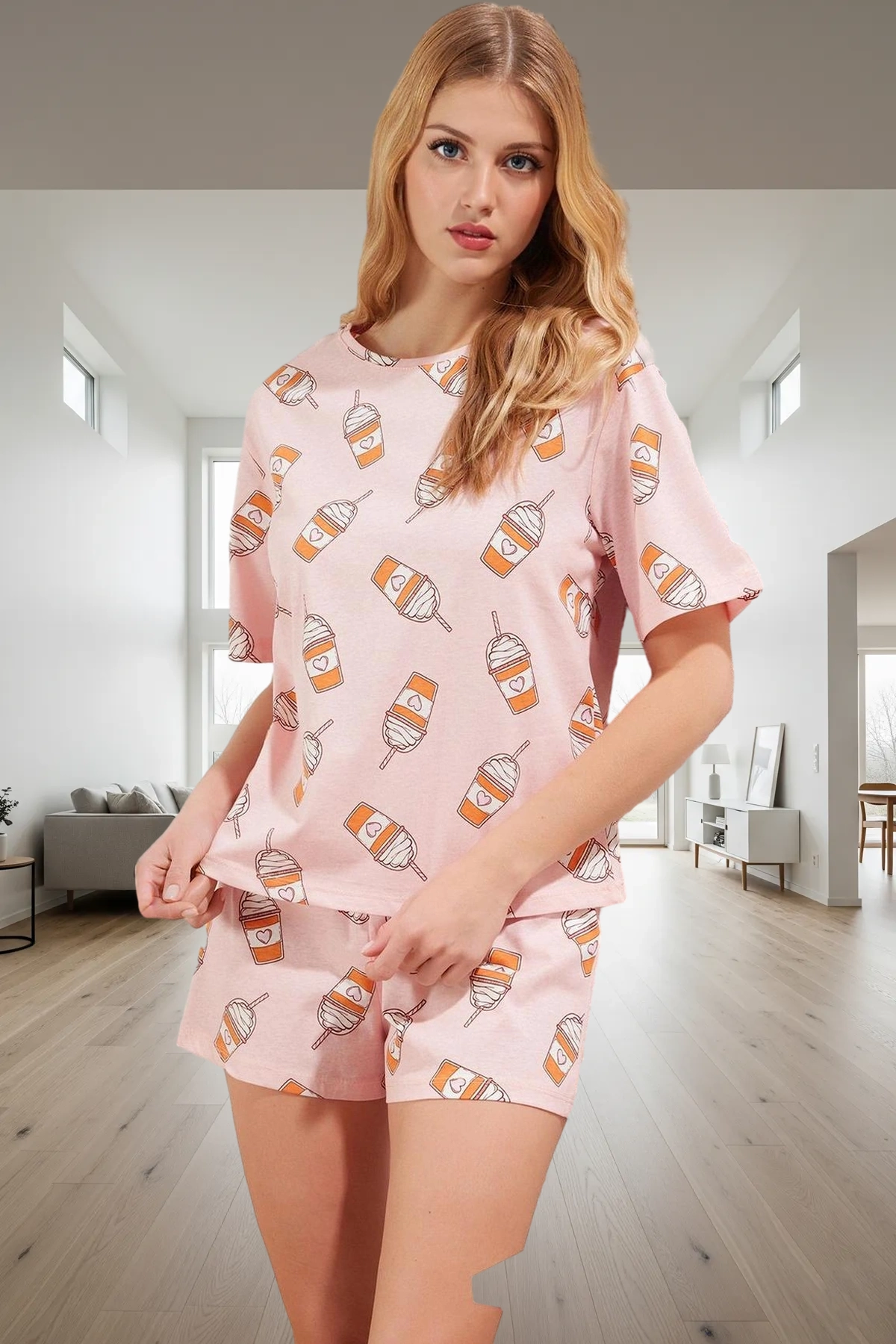 Kadın Pamuklu Baskılı Kısa Kollu Pijama Takımı Rahat Ev Giyim Yazlık Dayanıklı Malzeme