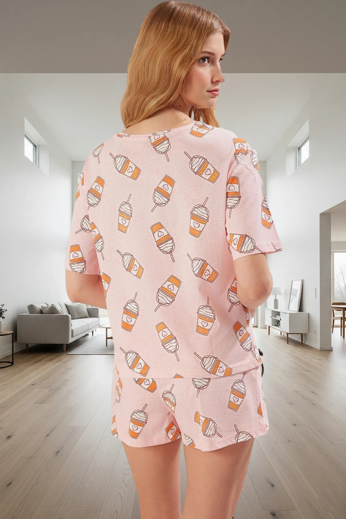 Kadın Pamuklu Baskılı Kısa Kollu Pijama Takımı Rahat Ev Giyim Yazlık Dayanıklı Malzeme