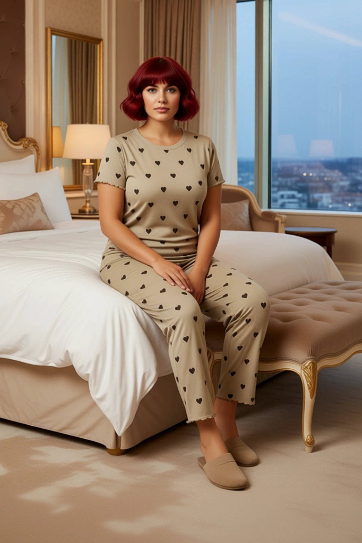 Kadın Kalp Desenli V Yaka Kısa Kollu Pijama Takımı Fonksiyonel Dayanıklı Kaliteli Konforlu