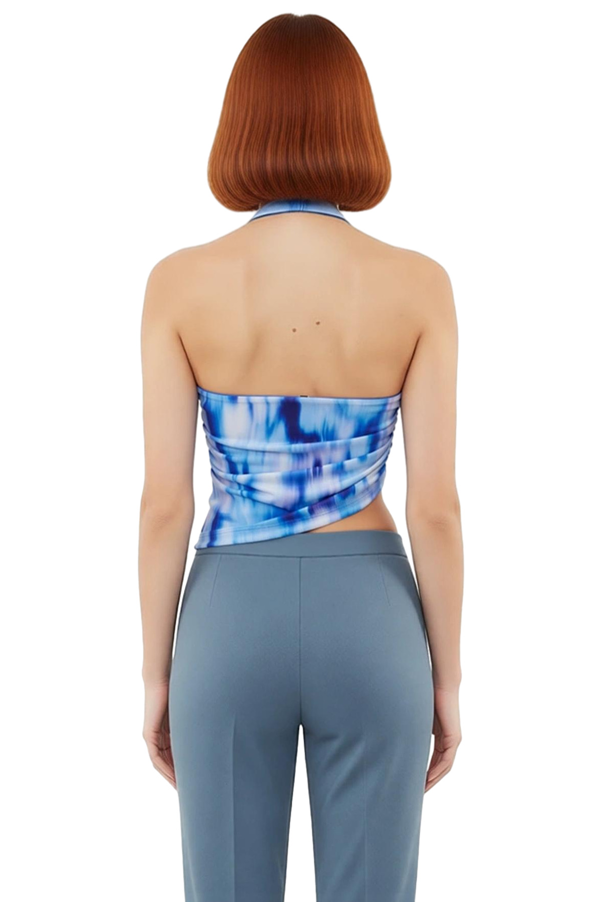 Yazlık Soyut Desenli Crop Bluz Boyundan Bağlamalı Örme Tül Kumaş Modern Stil Şık Görünüm