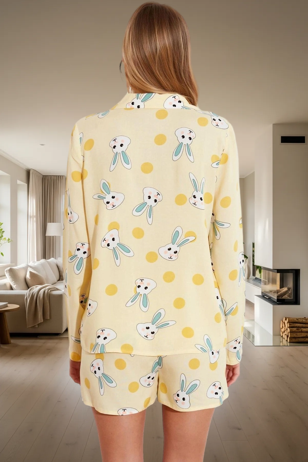 Kadın Tavşan Desenli Viskon Pijama Takımı Şortlu Düğmeli Regular Kalıp Rahat Ev Giyim Şık Görünüm