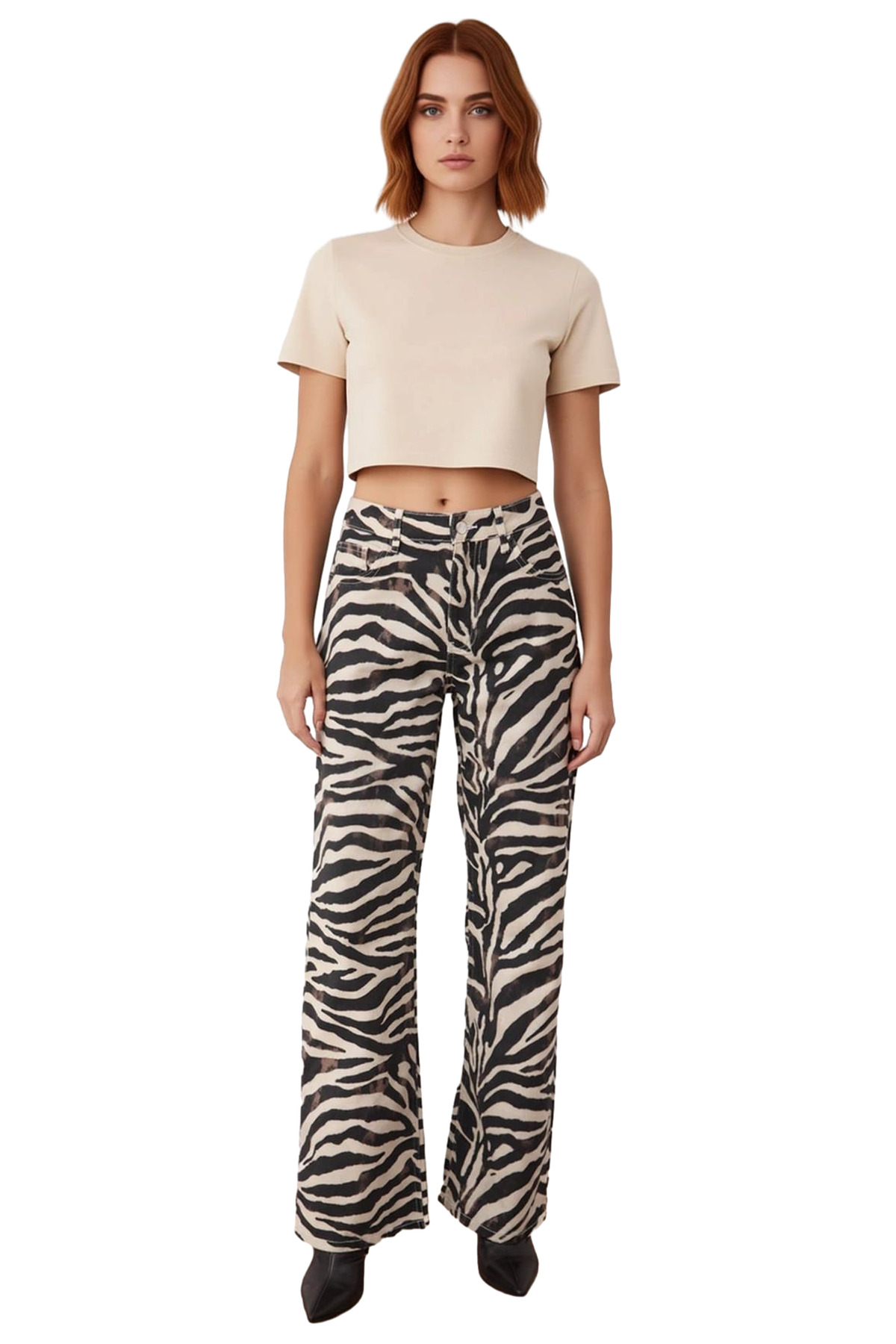 Kadın Zebra Desenli Yüksek Bel Wide Leg Jean Pantolon Fonksiyonel Dayanıklı Kaliteli Rahat