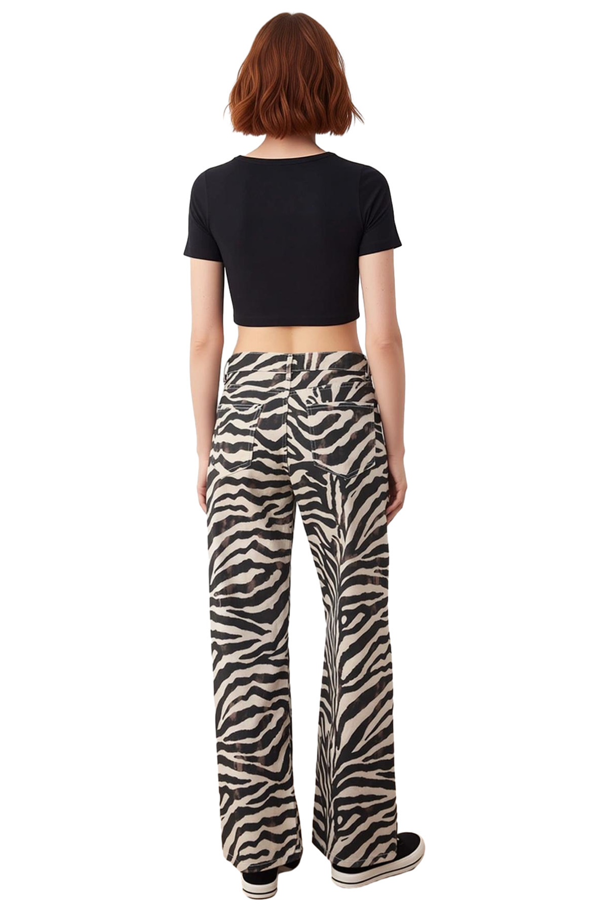 Kadın Zebra Desenli Yüksek Bel Wide Leg Jean Pantolon Fonksiyonel Dayanıklı Kaliteli Rahat