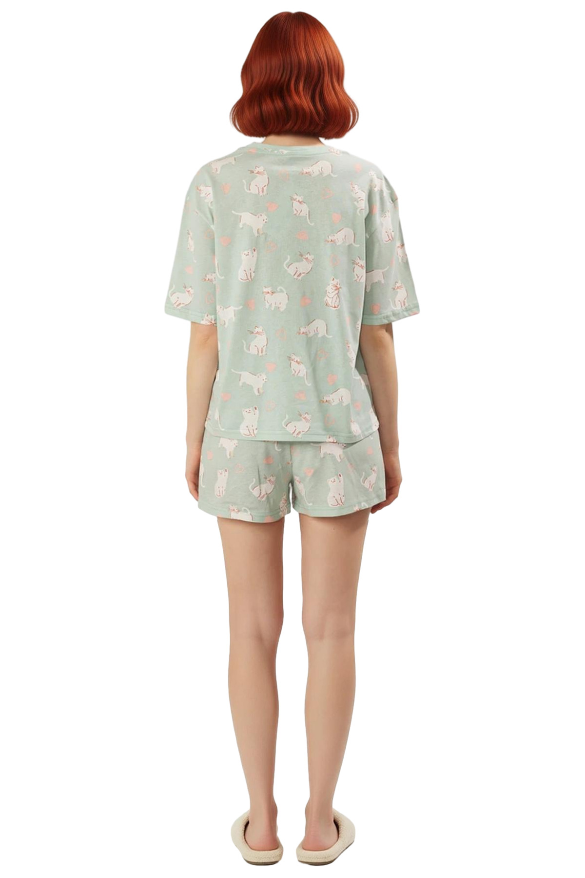 Kadın Regular Kalıp Kısa Kollu %100 Pamuklu Kedili Pijama Takımı Kaliteli İşçilik Rahat Kullanım