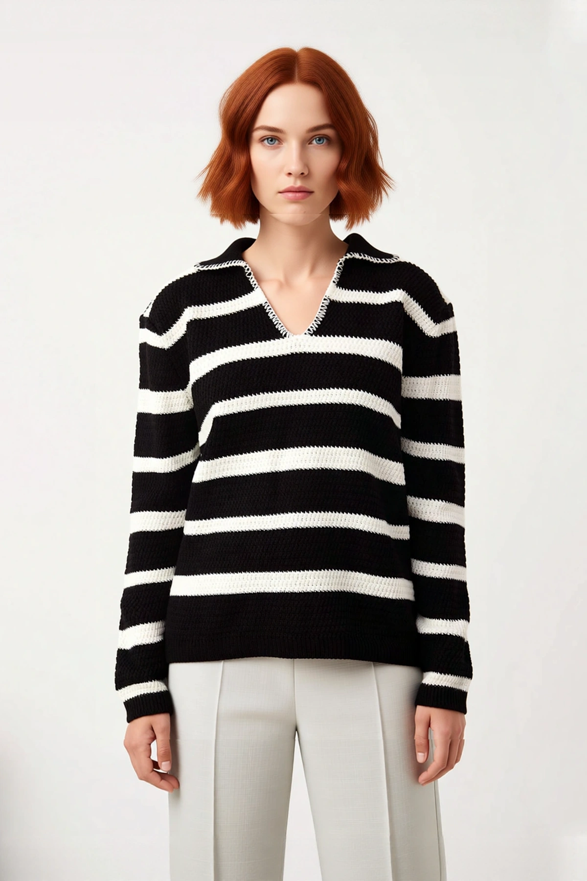 Kadın Çizgili Oversize Polo Yaka Düşük Kol Akrilik Triko Kazak Kışlık Basic Tarzınızı Tamamlar