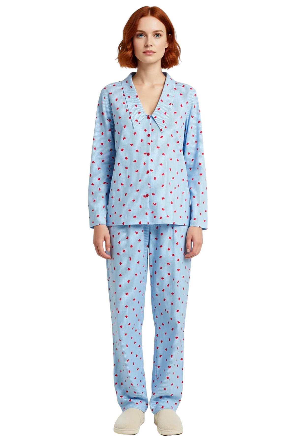 Kadın Kalp Desenli Gömlek Yaka Pijama Takımı Fonksiyonel Dayanıklı Kaliteli Konforlu Rahat