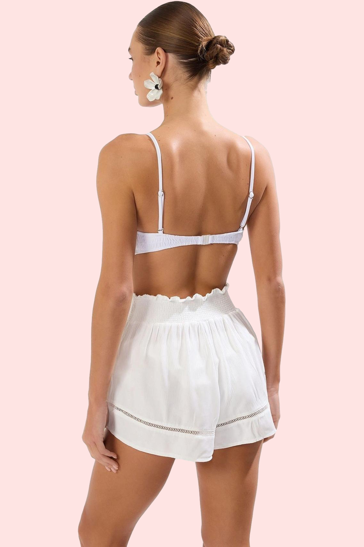 Kadın Moda Kısa Boy Straight Kalıp Dokuma Plaj Şort Düz Desen Fırfırlı Detay Yazlık Şort