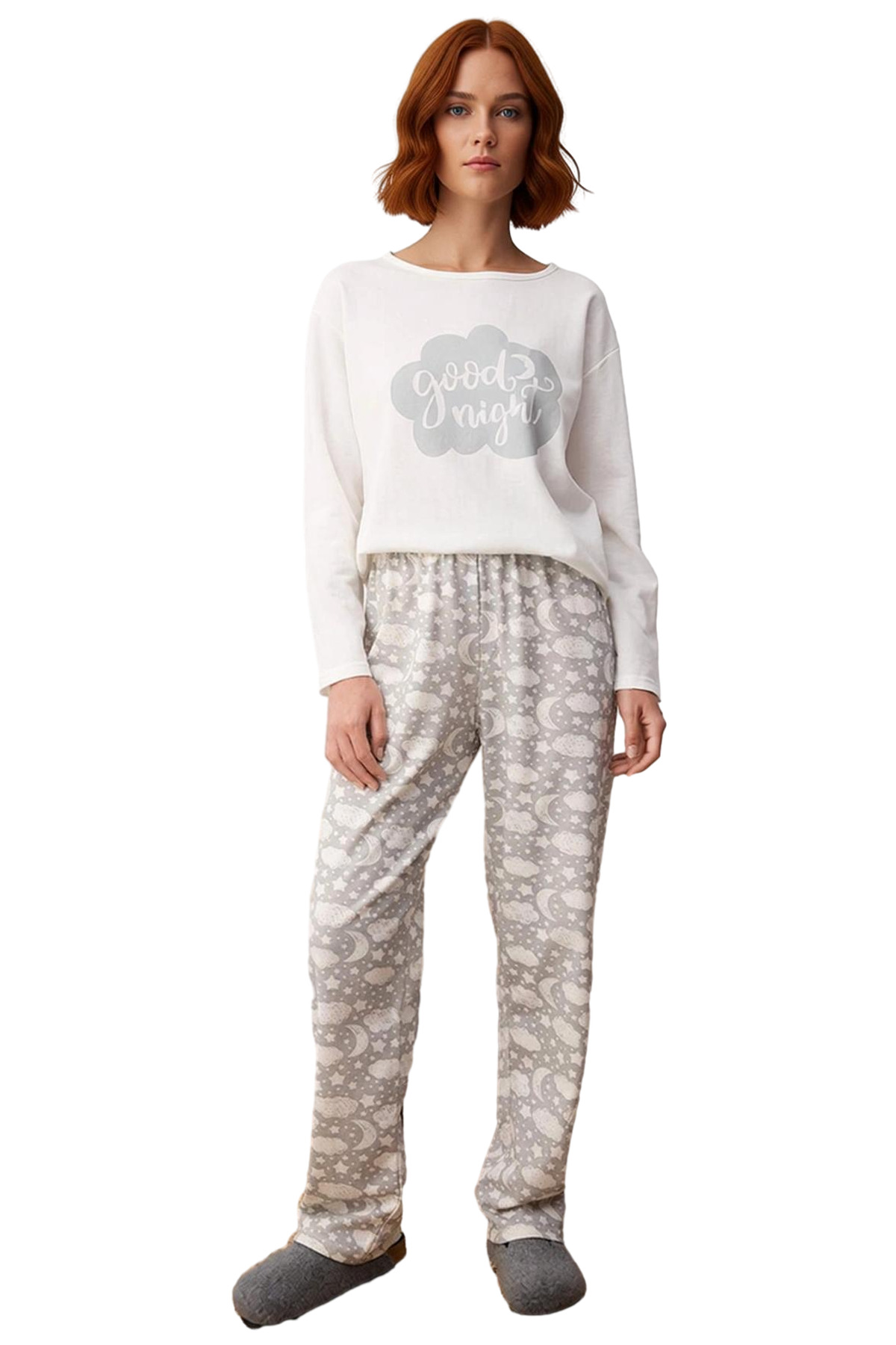 Kadın Galaksi Desenli Bisiklet Yaka Uzun Kollu Pijama Takımı Fonksiyonel Dayanıklı Estetik