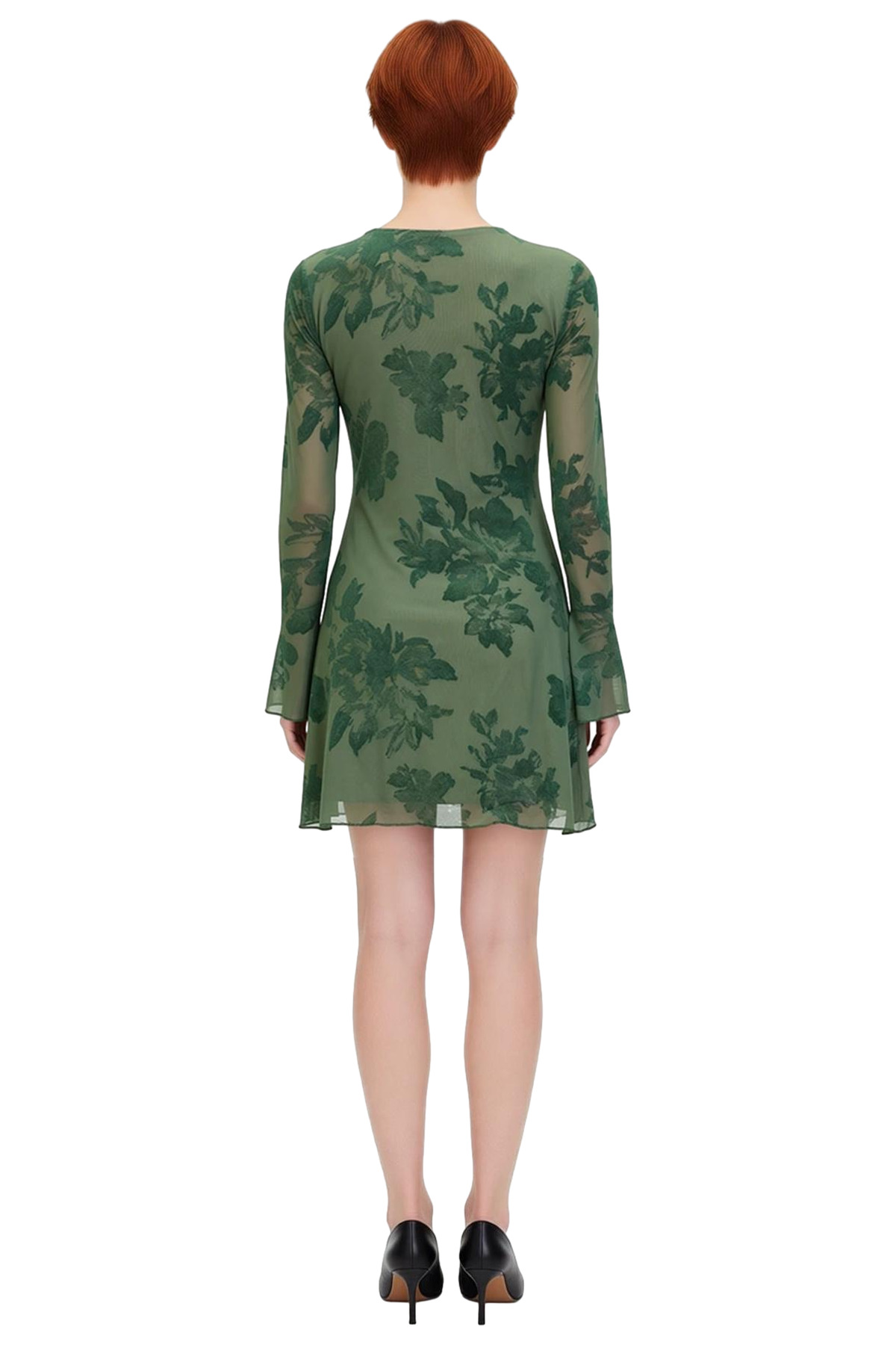 Kadın Çiçekli Desenli Bodycon Mini Tül Elbise Uzun Flare Kollu Astarlı Şık ve Modern Tasarım