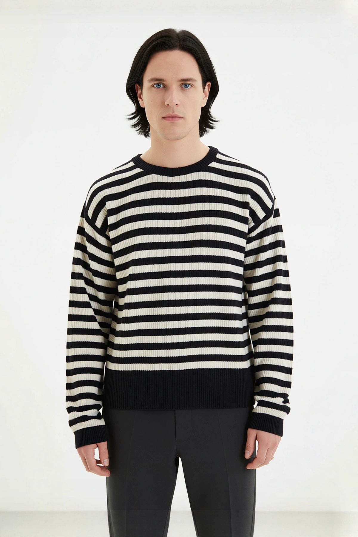 Erkek Oversize Bisiklet Yaka Çizgili Triko Kazak Fitilli Dokuma Uzun Kollu Basic Rahat Kesim