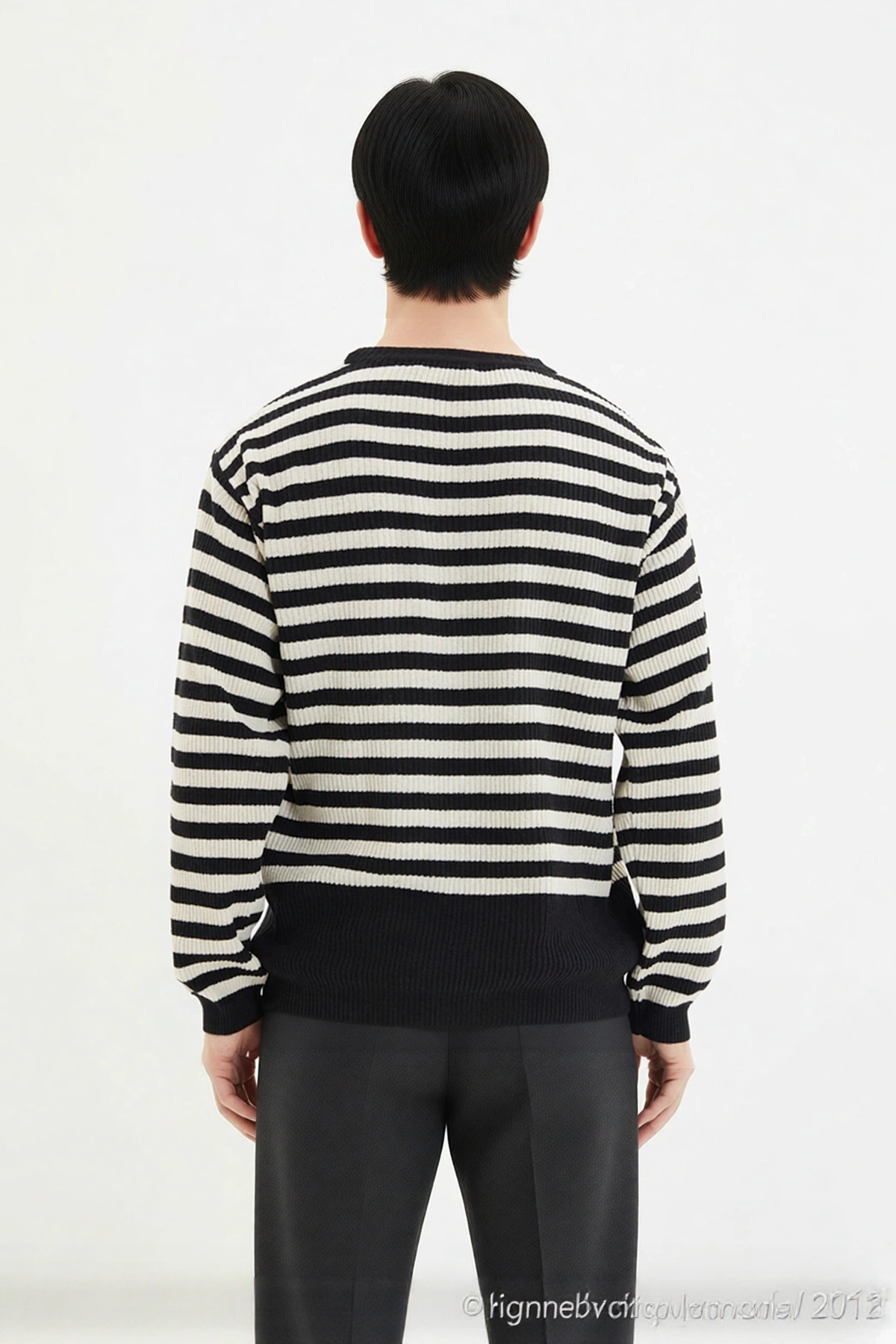 Erkek Oversize Bisiklet Yaka Çizgili Triko Kazak Fitilli Dokuma Uzun Kollu Basic Rahat Kesim
