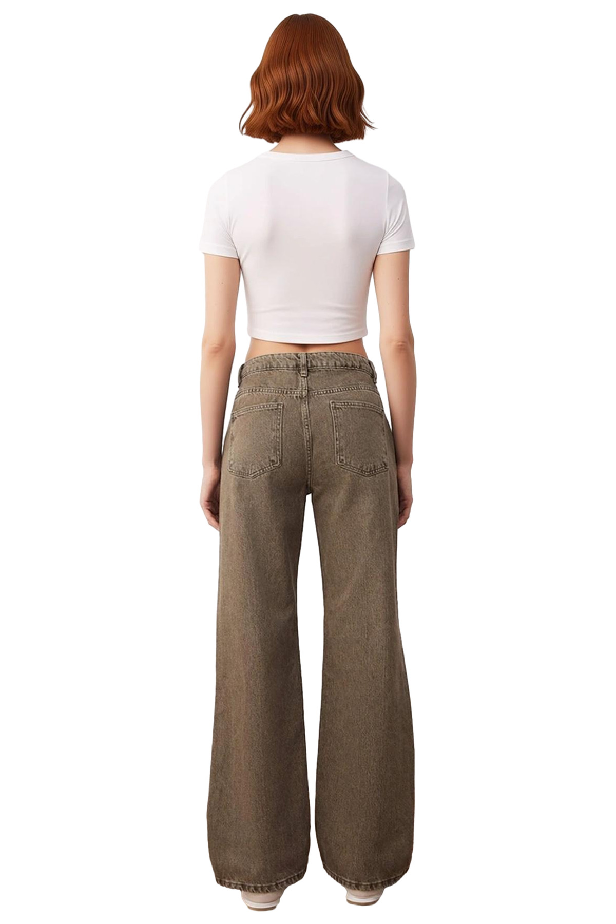Kadın Haki Vintage Yıkama Geniş Paça Jean Pantolon Fonksiyonel Dayanıklı Kaliteli Konforlu