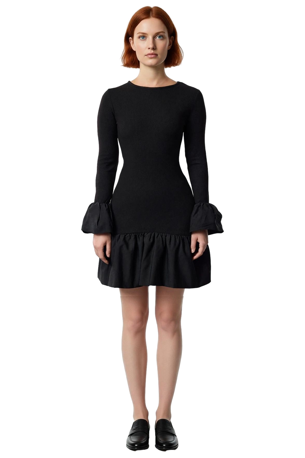 Kadın Bodycon Uzun Kollu Volanlı Mini Elbise Şık Gece Davetleri İçin Bisiklet Yaka Örme Tasarım