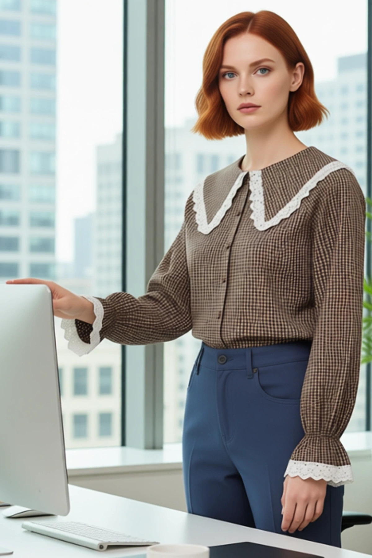 Kadın Pötikareli Bebe Yaka Dantel Detaylı Reglan Kol Crop Gömlek Günlük Şıklık Fonksiyonel