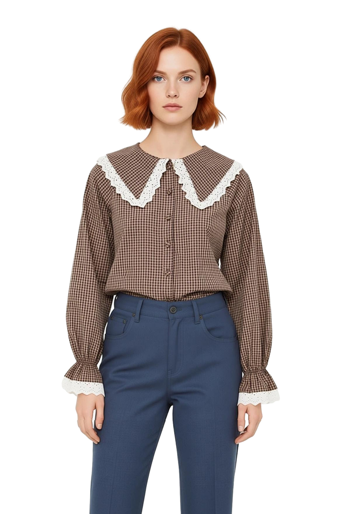 Kadın Pötikareli Bebe Yaka Dantel Detaylı Reglan Kol Crop Gömlek Günlük Şıklık Fonksiyonel