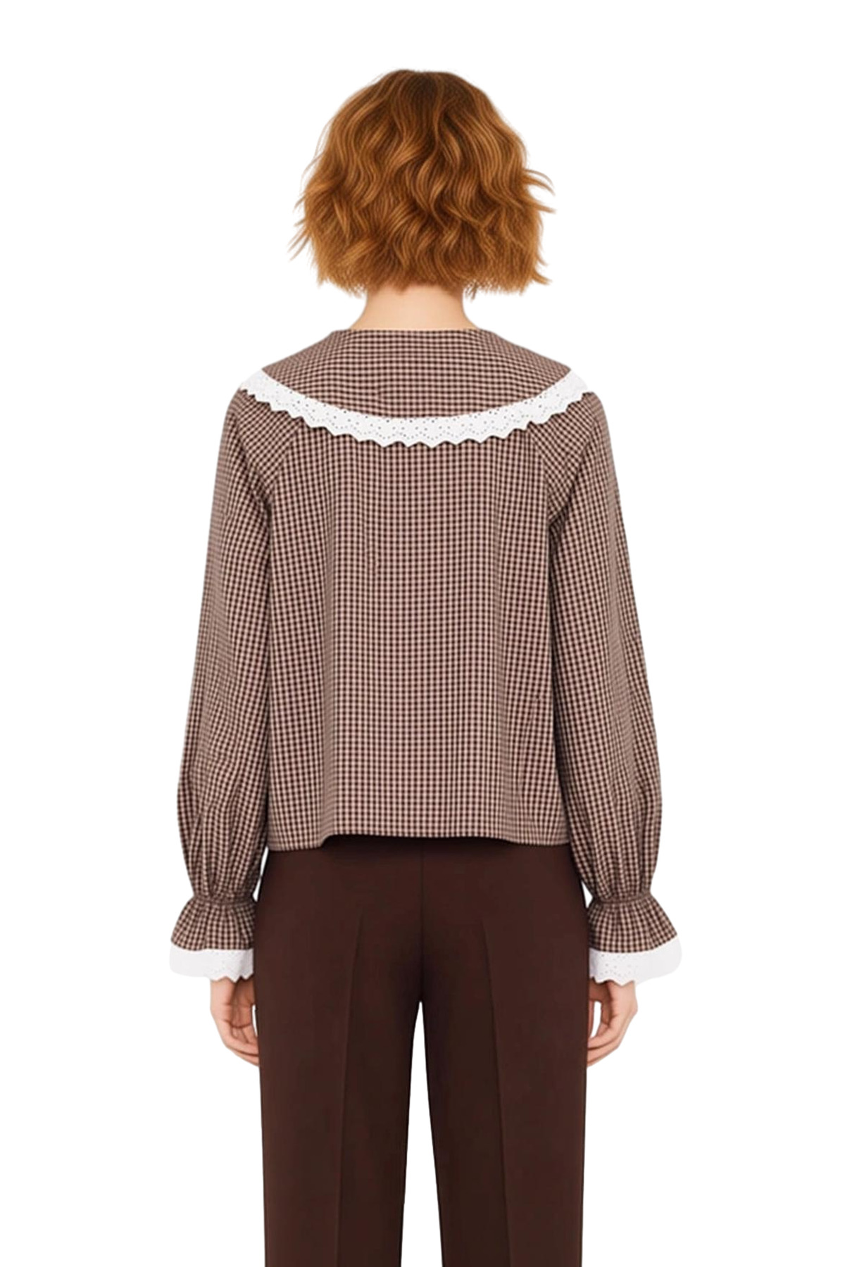 Kadın Pötikareli Bebe Yaka Dantel Detaylı Reglan Kol Crop Gömlek Günlük Şıklık Fonksiyonel