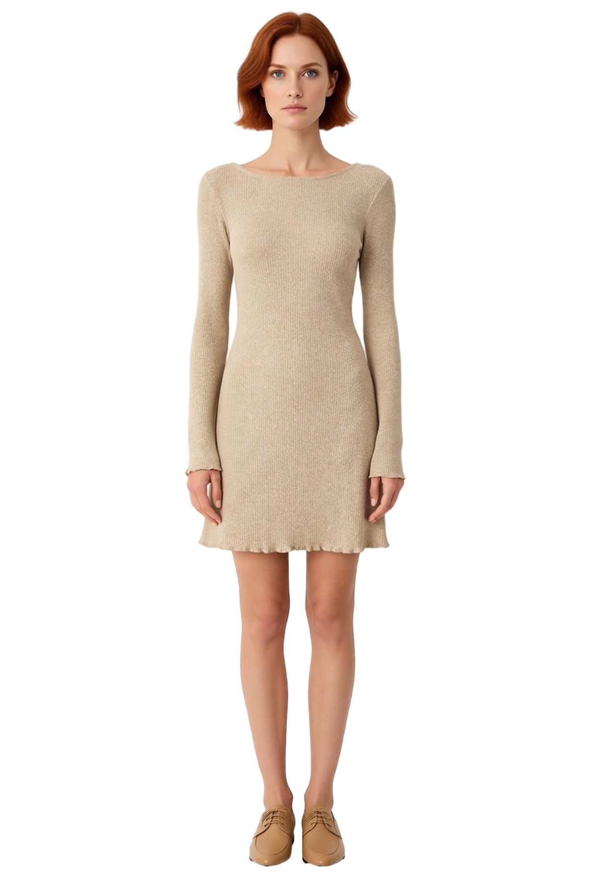 Kadın Bodycon Kesim Kayık Yaka Uzun Kollu Düz Desen Örme Mini Elbise Kışlık Şıklığın Anahtarı