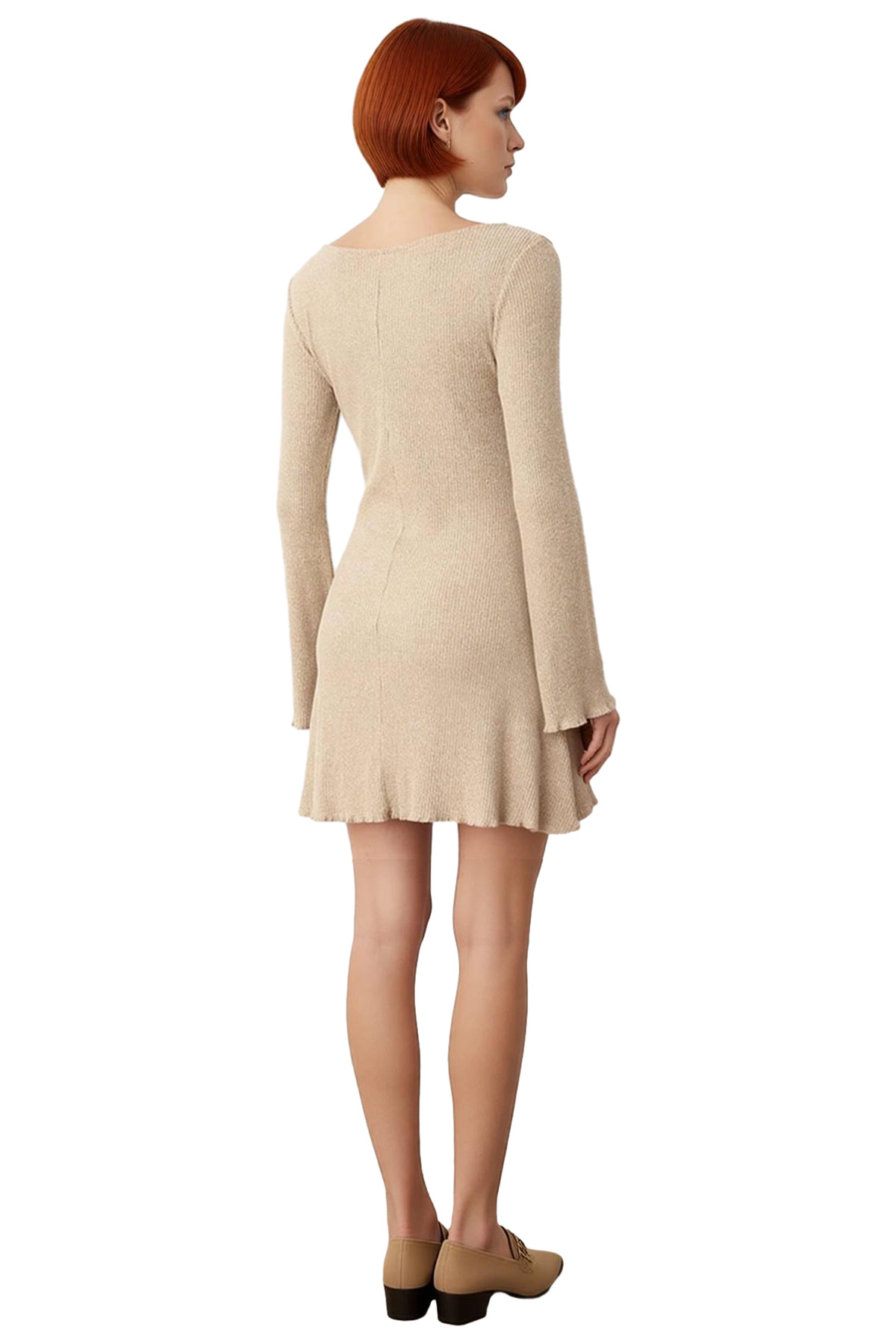 Kadın Bodycon Kesim Kayık Yaka Uzun Kollu Düz Desen Örme Mini Elbise Kışlık Şıklığın Anahtarı