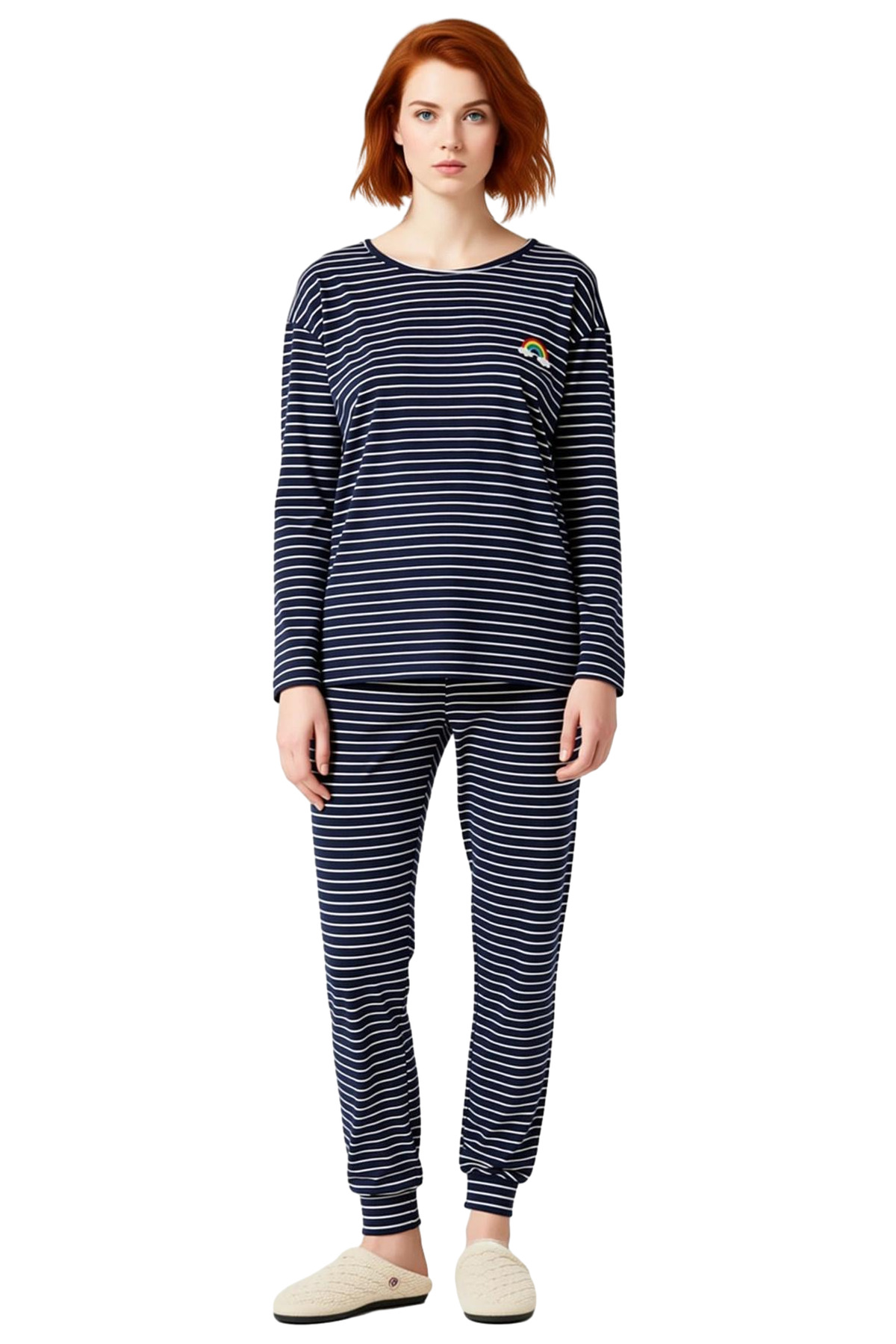 Kadın Çizgili Bisiklet Yaka Uzun Kollu Pijama Takımı Fonksiyonel Dayanıklı Kaliteli Modern