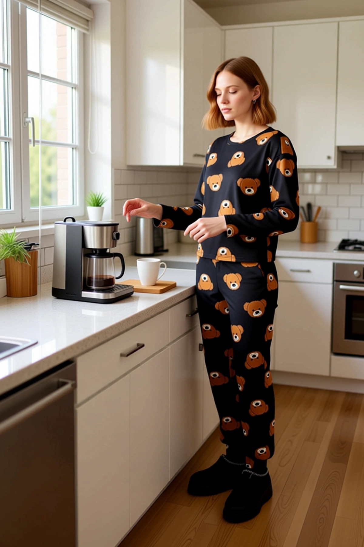 Kadın Ayıcıklı Pijama Takımı %100 Pamuk Boru Paça Uzun Kollu Rahat Uyku Özel Tasarım Ömürlü