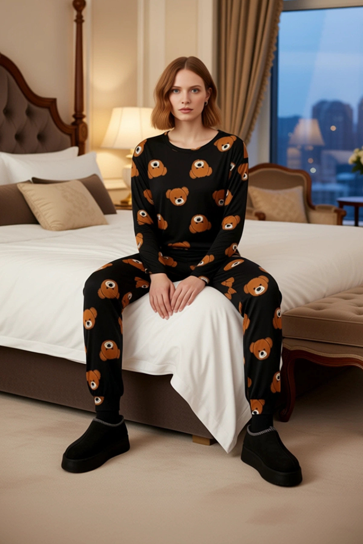 Kadın Ayıcıklı Pijama Takımı %100 Pamuk Boru Paça Uzun Kollu Rahat Uyku Özel Tasarım Ömürlü