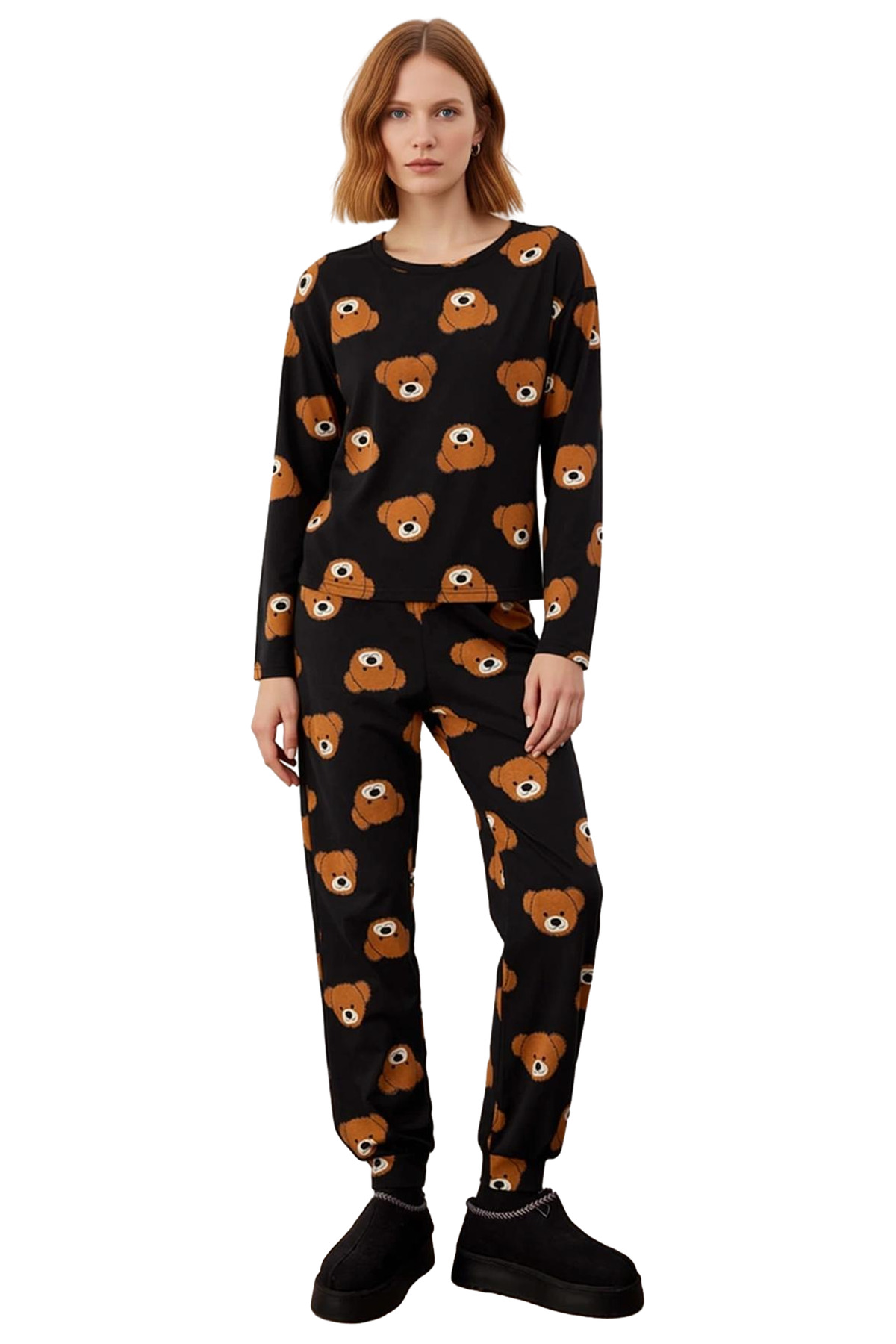 Kadın Ayıcıklı Pijama Takımı %100 Pamuk Boru Paça Uzun Kollu Rahat Uyku Özel Tasarım Ömürlü