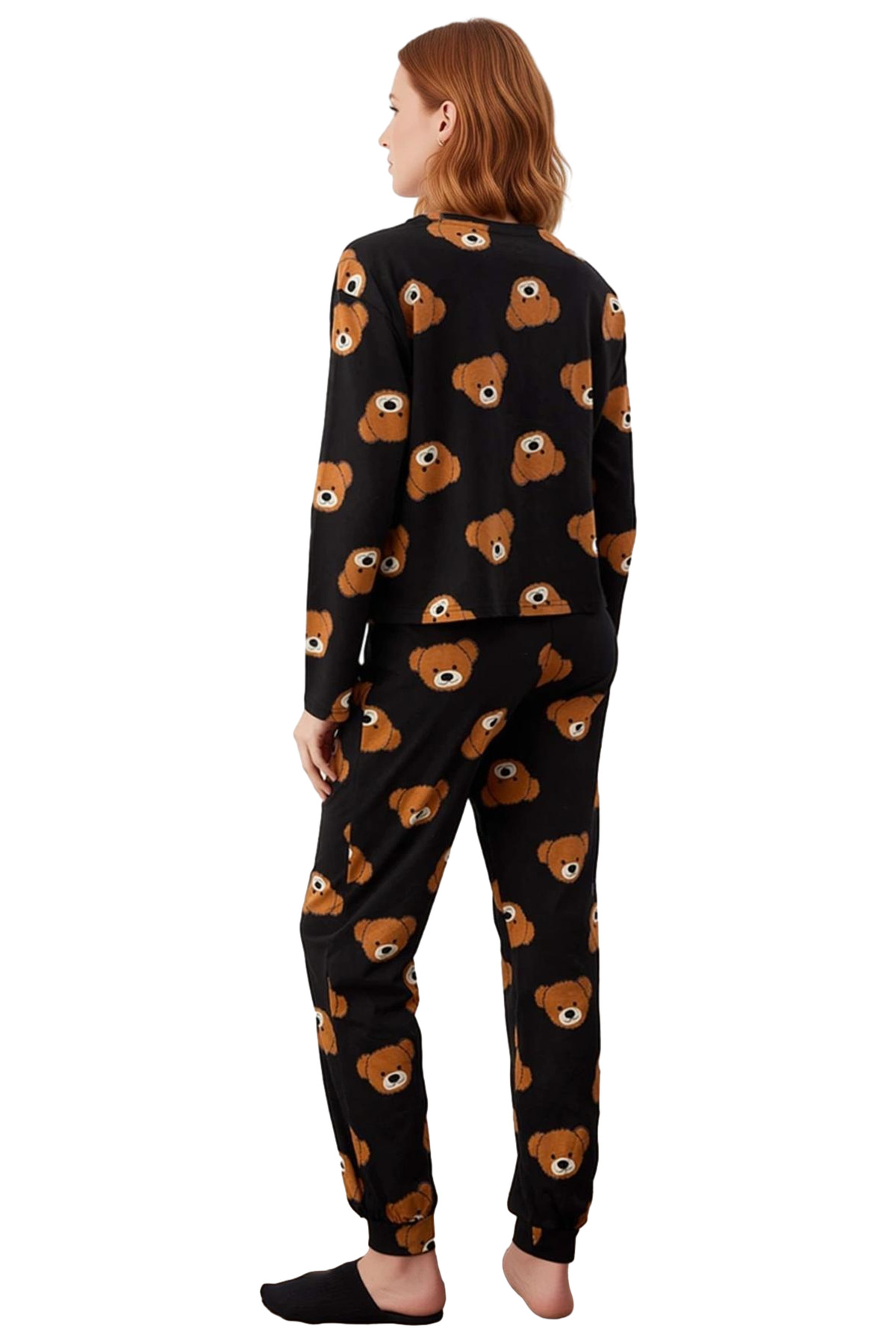 Kadın Ayıcıklı Pijama Takımı %100 Pamuk Boru Paça Uzun Kollu Rahat Uyku Özel Tasarım Ömürlü