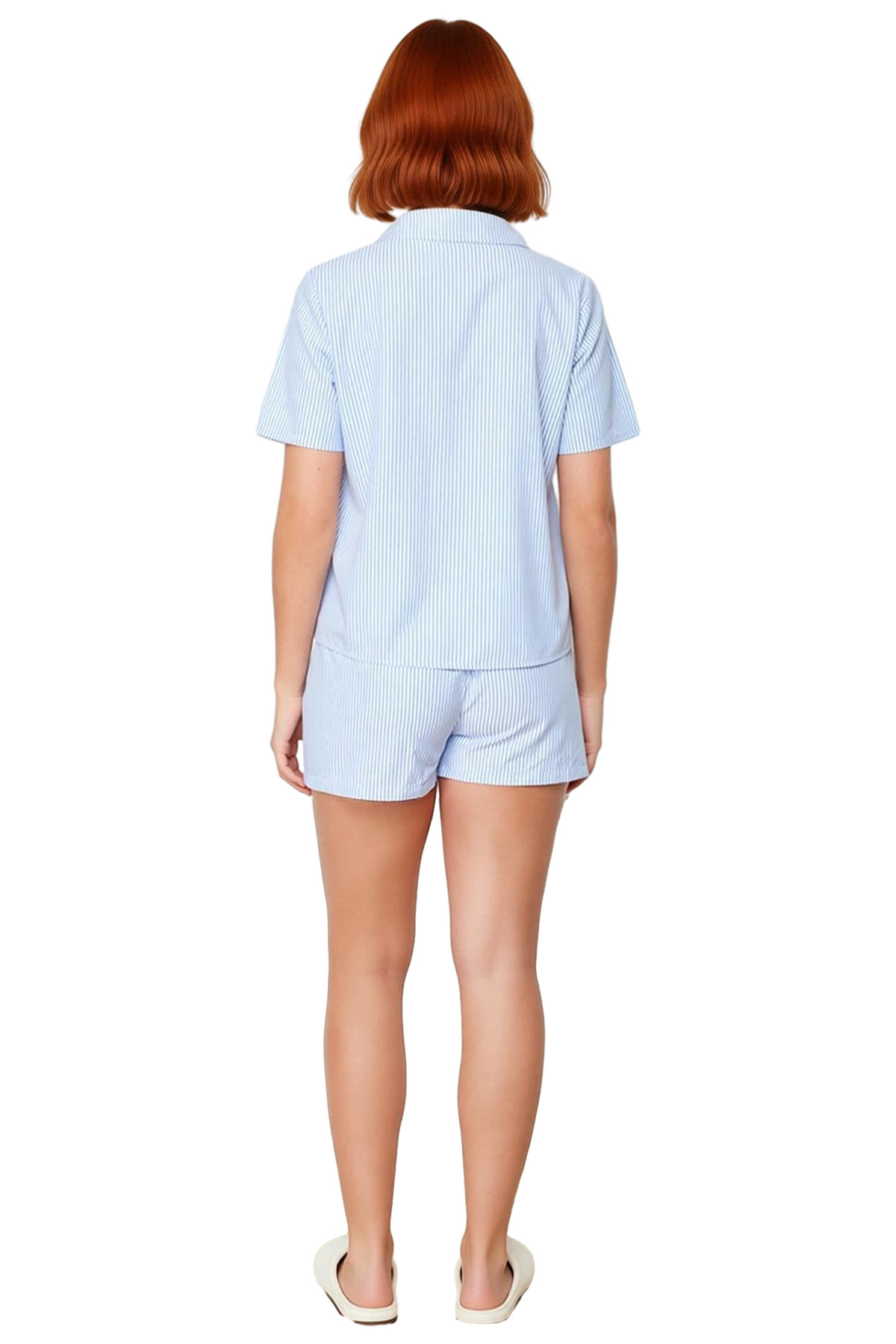 Kadın Çizgili Pamuklu Poplin Pijama Takımı Rahat Yazlık 3lü Set Premium Kalite