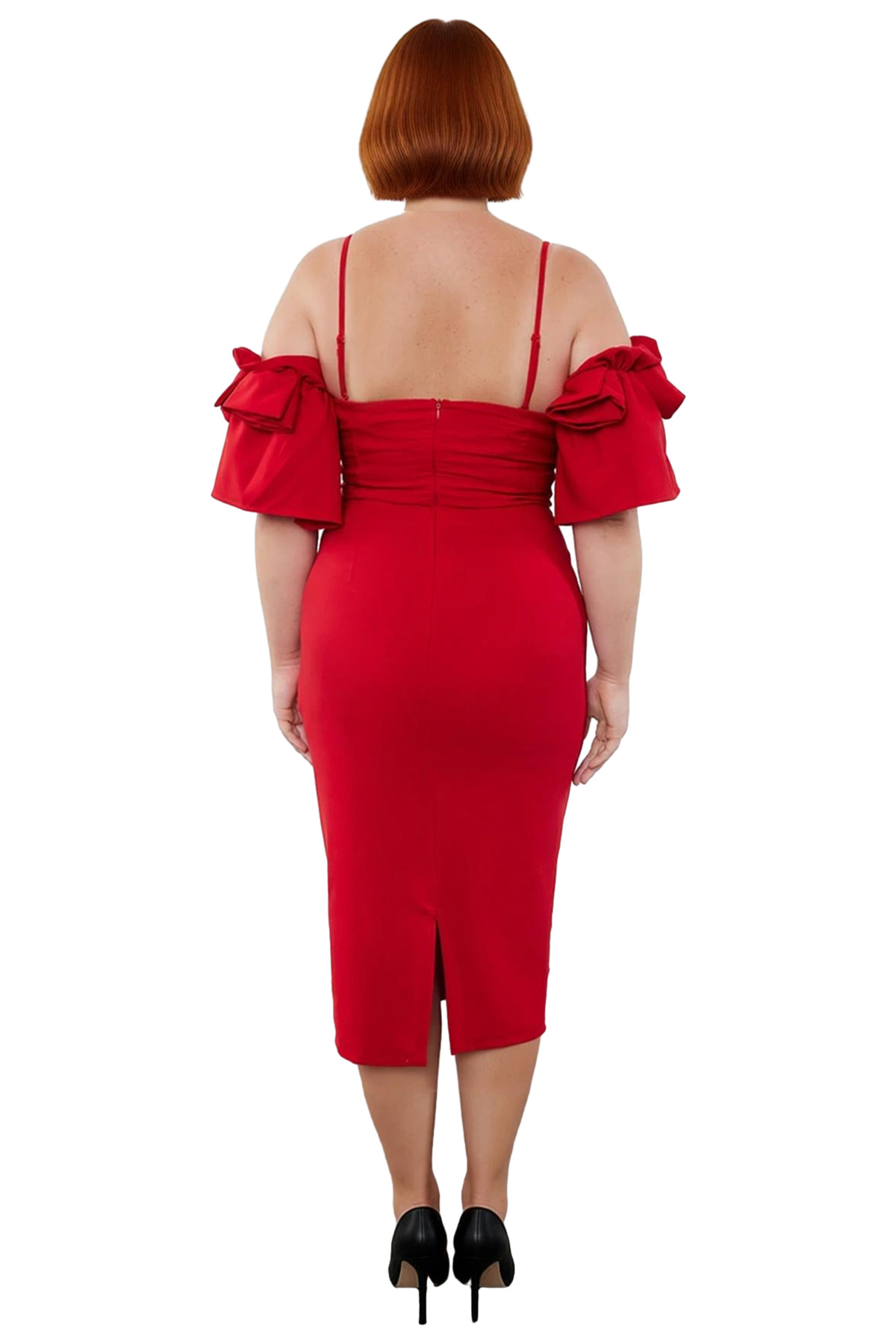 Kadın Bodycon Kalp Yaka Midi Abiye Elbise İnce Askılı Omuz Fırfırlı Özel Davetler İçin Şık Tasarım