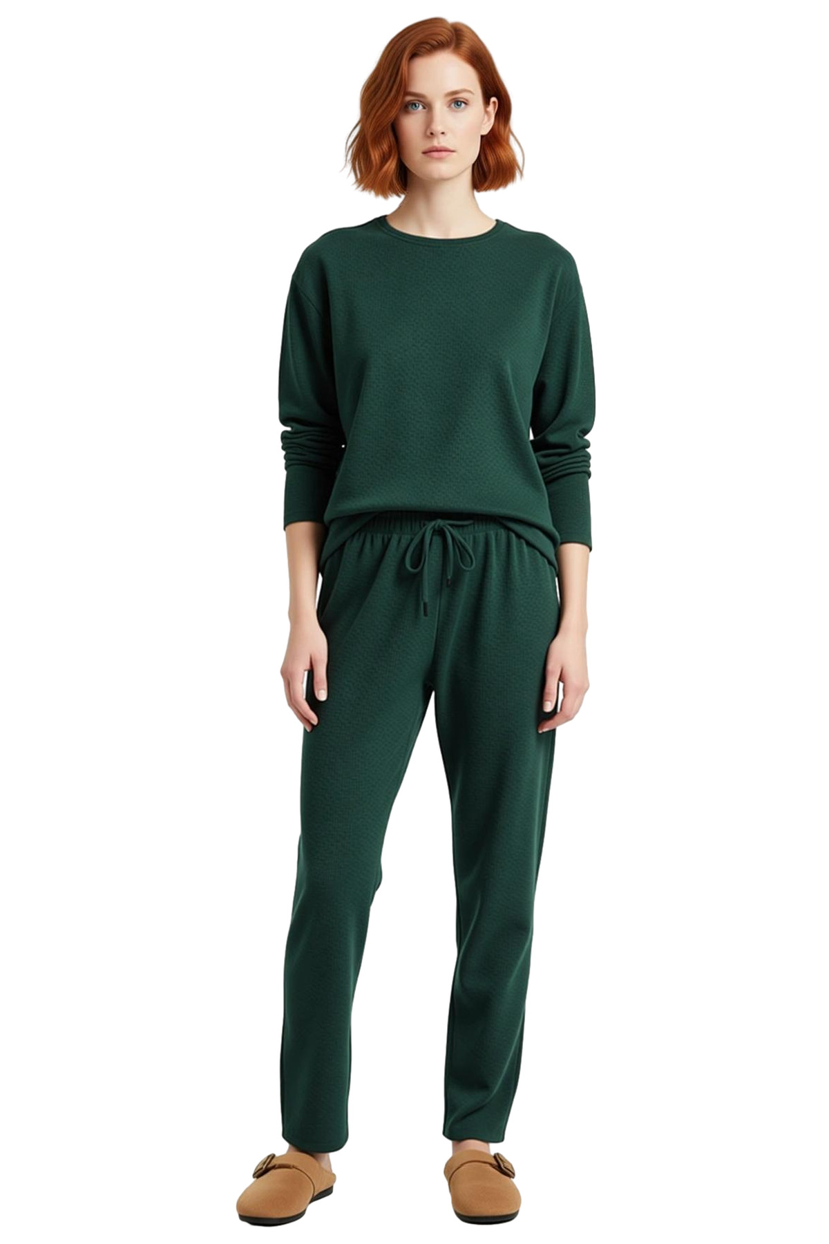 Kadın Kışlık Waffle Kumaş Pijama Takımı Regular Kalıp Pamuklu 2'li Set Konforlu Kesim