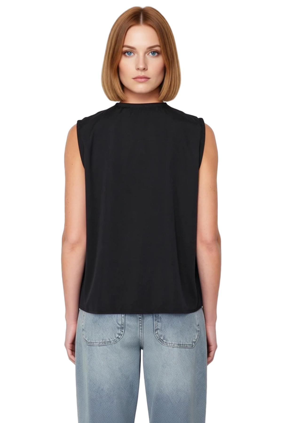 Kadın Önü Bağcıklı Kolsuz Dokuma Bluz Bisiklet Yaka Casual Günlük Stil İçin İdeal Kaliteli