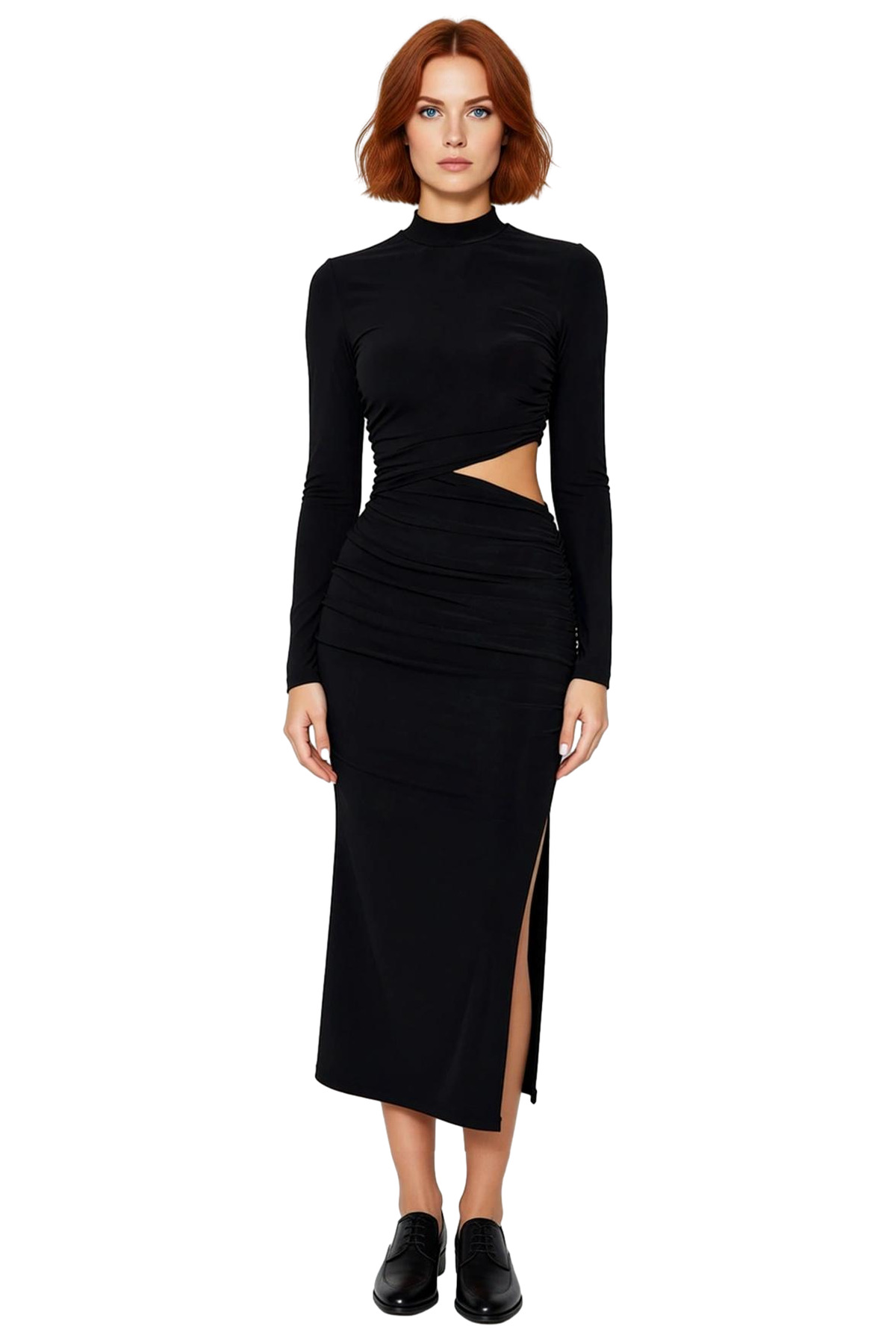 Kadın Siyah Dik Yaka Uzun Kollu Bodycon Cut Outlı Midi Boy Şık Gece Mezuniyet Abiye Elbise
