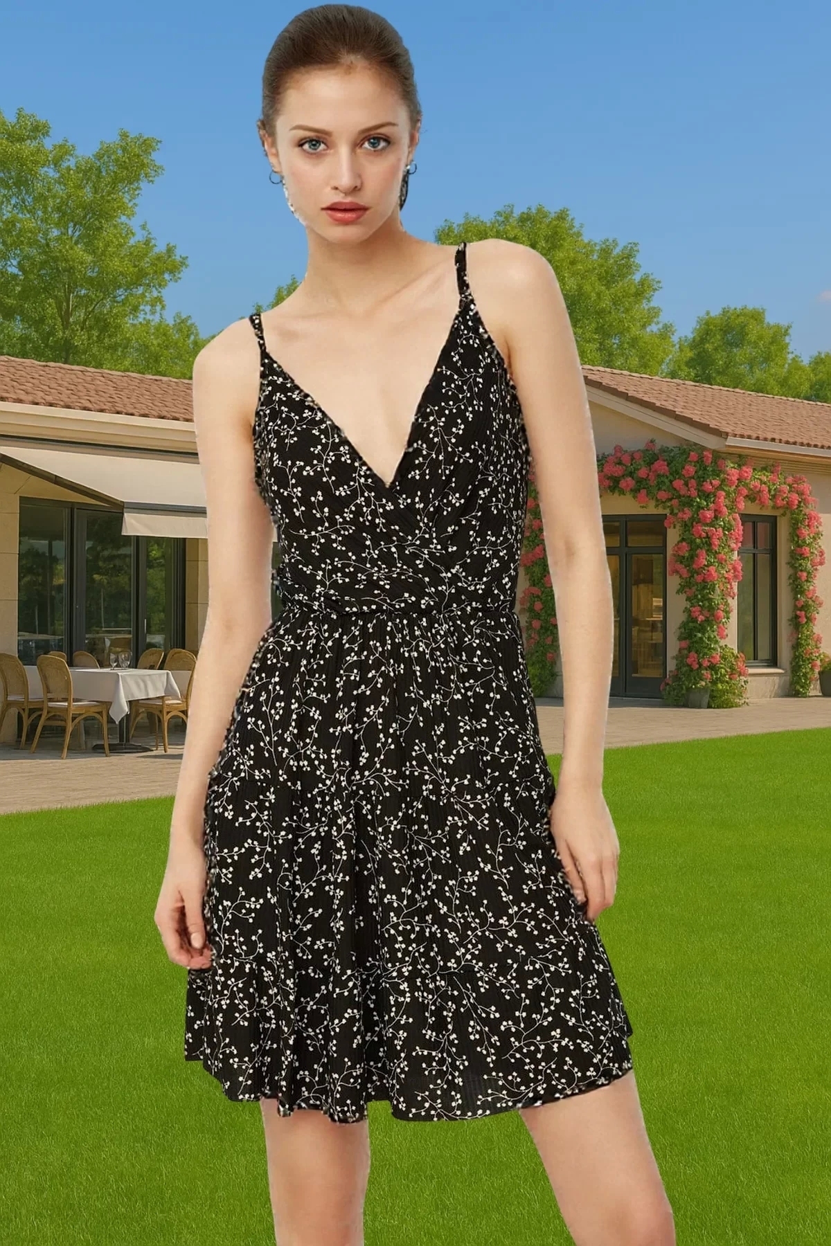 Kadın Mini A Line Örme Elbise Çiçekli Desen Yazlık Rahat Günlük Kullanım Dayanıklı Malzeme
