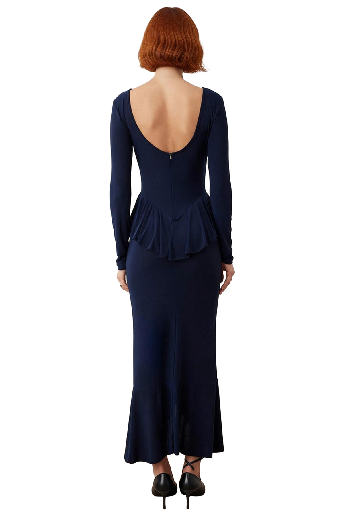 Kadınlar İçin Bodycon Kesim Kayık Yaka Uzun Kollu Volanlı Maxi Şık Gece Elbisesi Özel Davetlere