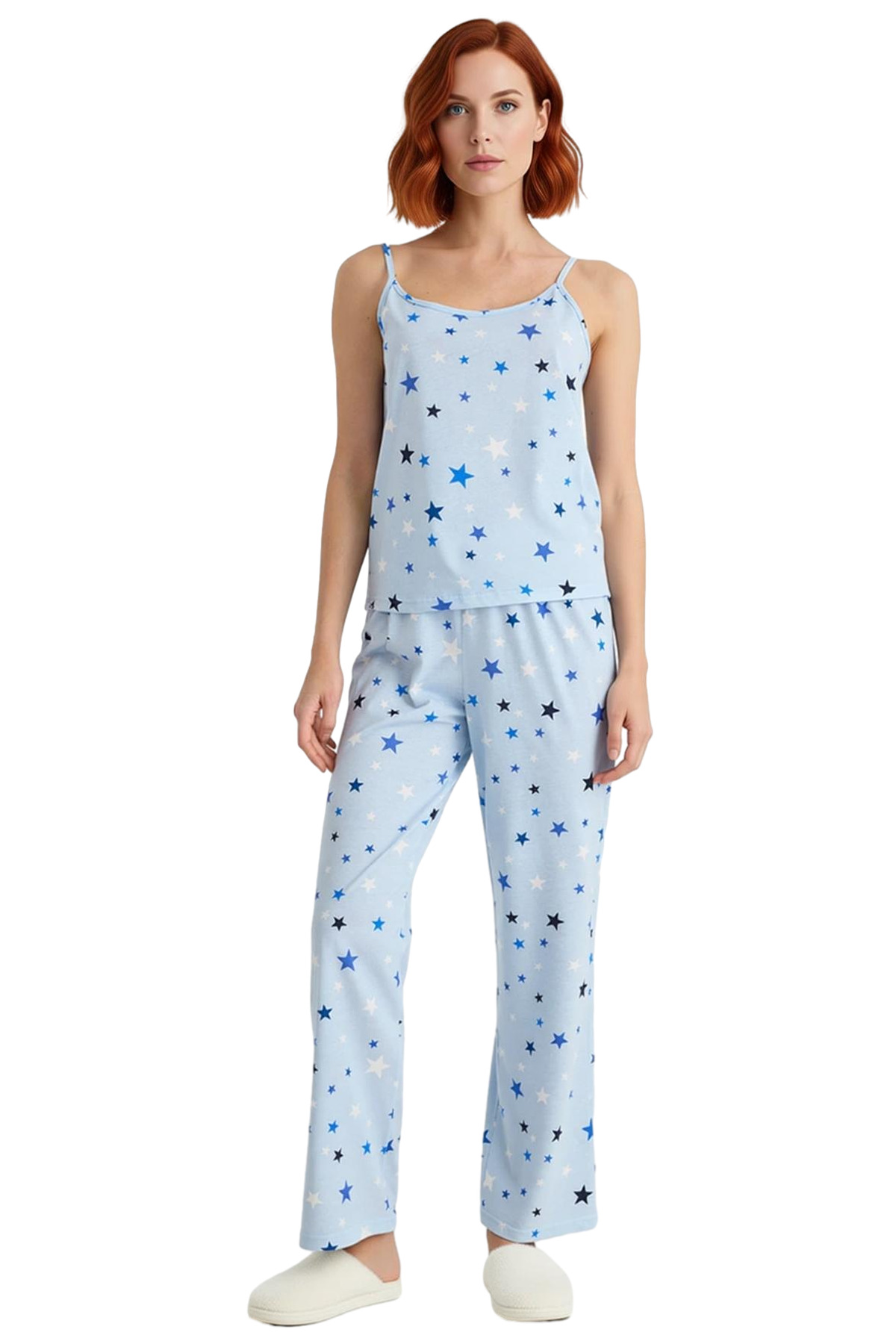 Kadın Yıldız Desenli İnce Askılı Pijama Takımı Rahat Örme Kumaş Kullanım Şık Görünüm