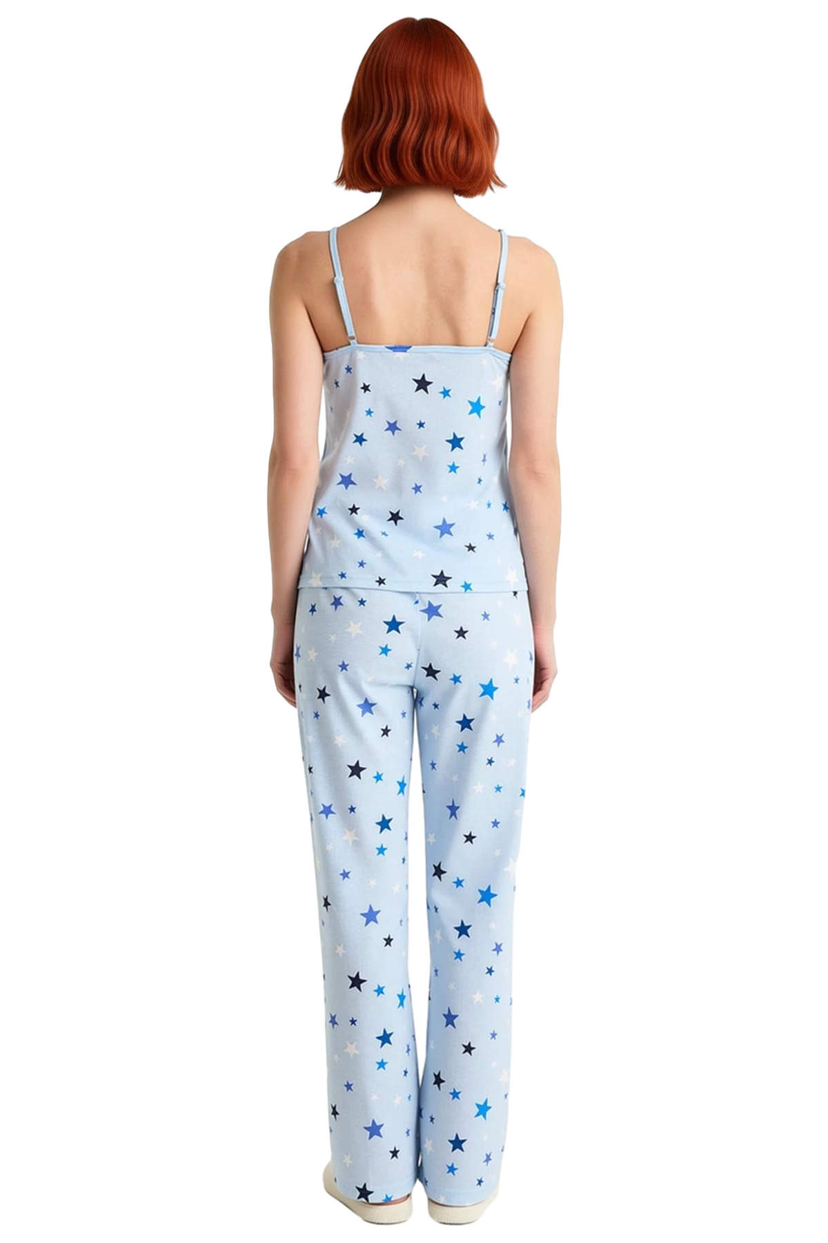 Kadın Yıldız Desenli İnce Askılı Pijama Takımı Rahat Örme Kumaş Kullanım Şık Görünüm