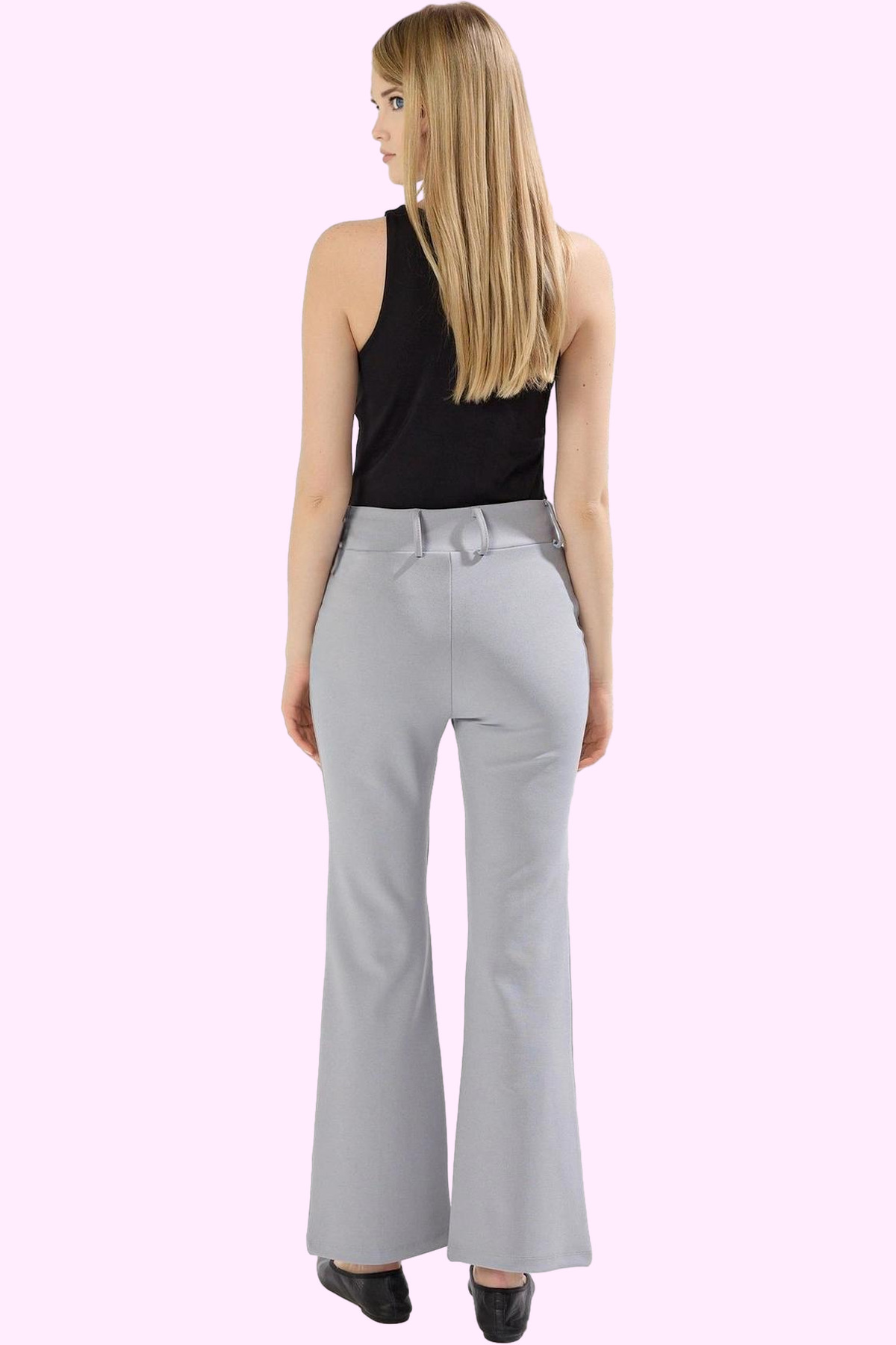 Kadın Moda Yüksek Bel Geniş Paça Pantolon Nervürlü Detay Scuba Krep Kumaş Günlük Kullanım