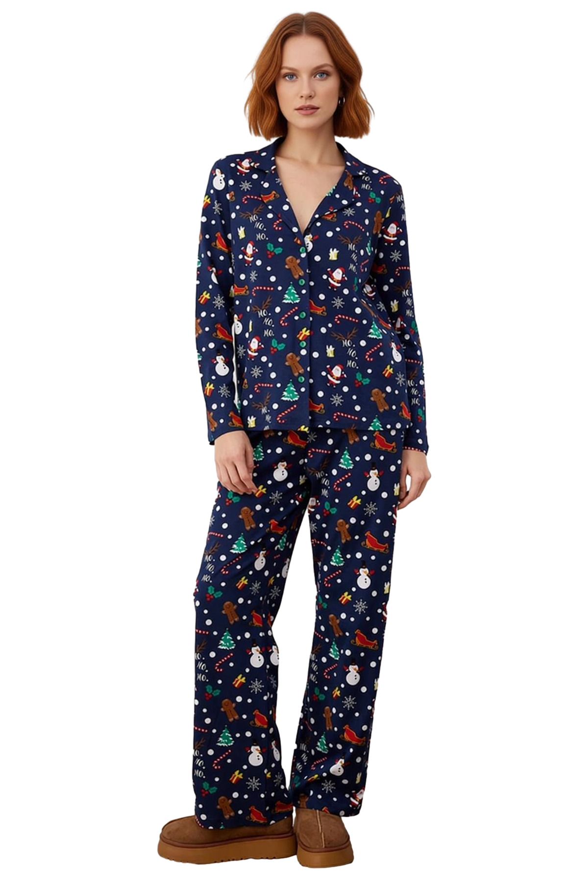 Kadın Kışlık Baskılı Pamuklu Pijama Takımı Rahat Kalıp Uzun Paça Homewear Konforlu Kesim