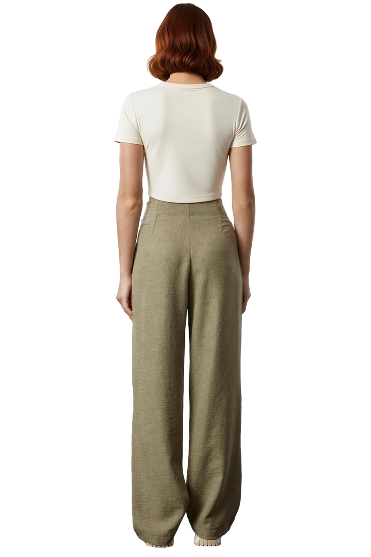 Kadın Haki Yüksek Bel Geniş Paça Dokuma Pantolon Fonksiyonel Dayanıklı Kaliteli Konforlu Şık