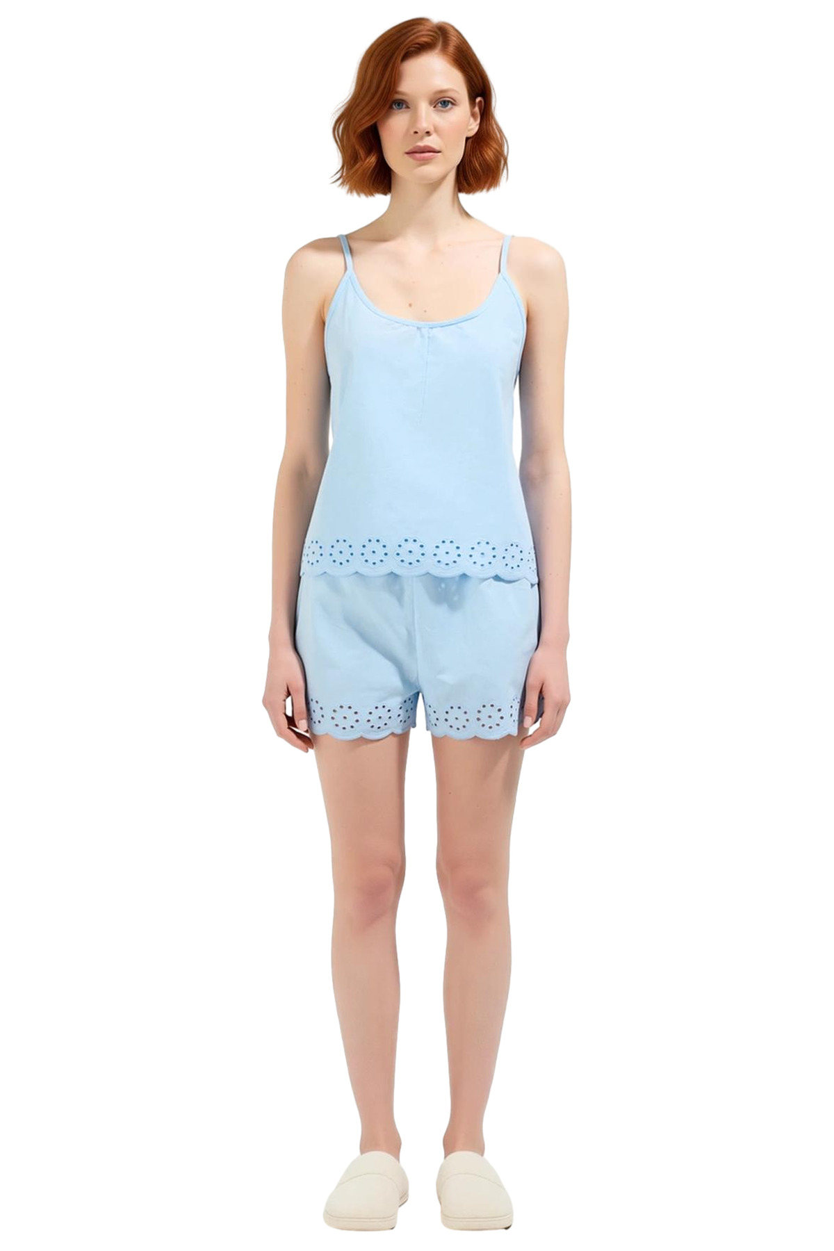 Kadın Yazlık %100 Pamuklu Pijama Takımı İnce Askılı Havuz Yaka Atlet ve Şort Yüksek Kalite