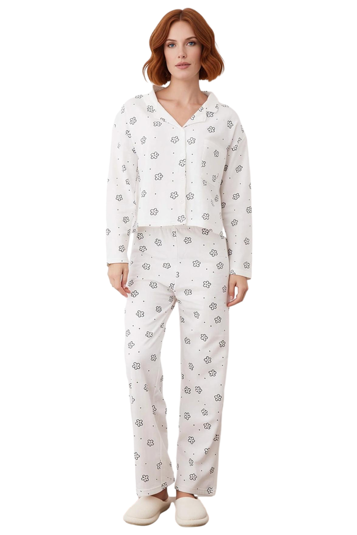 Çiçek Desenli Gömlek Yaka Pijama Takımı Kadın Fonksiyonel Dayanıklı Kaliteli Konforlu Spor