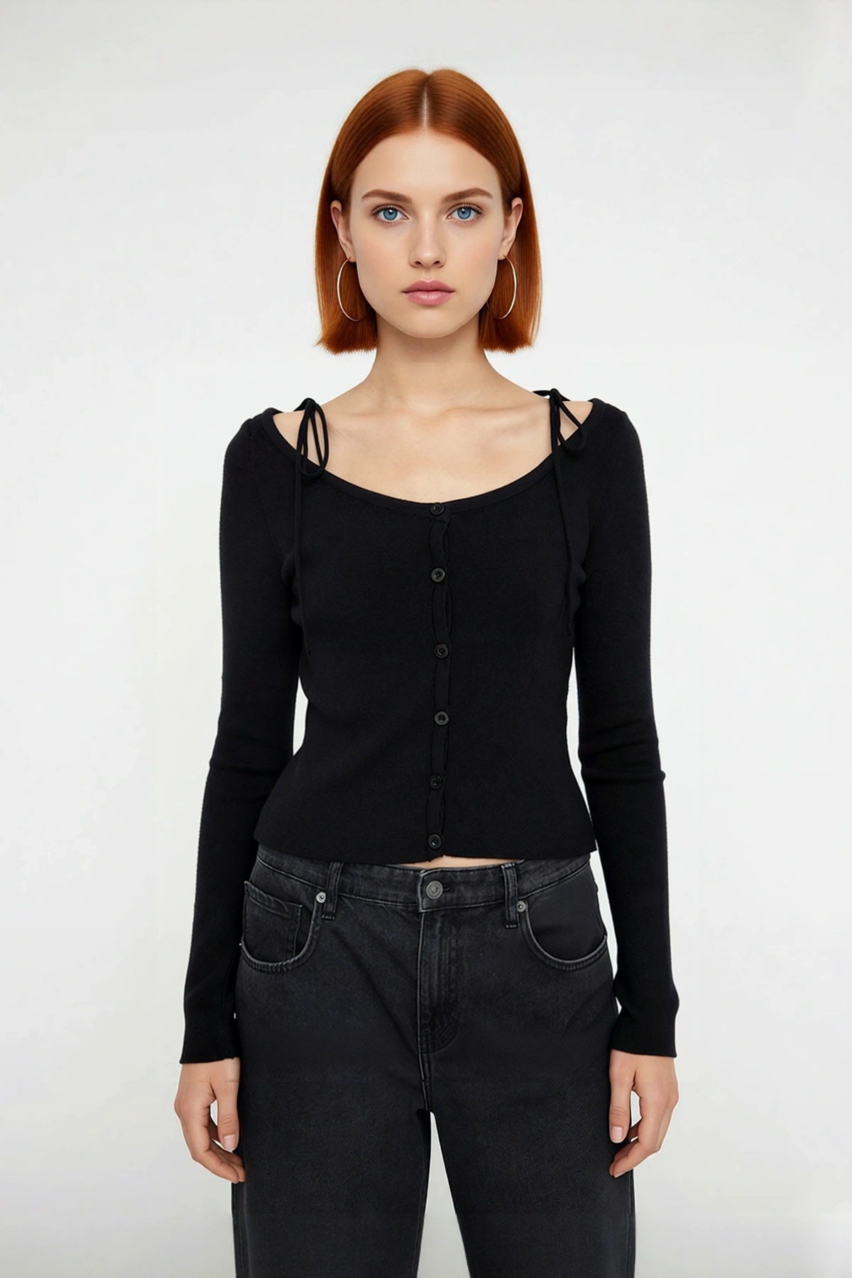 Kadın Siyah Fitted Kayık Yaka Crop Triko Hırka İnce Düşük Kol Uzun Kollu Basic Şık Tasarım