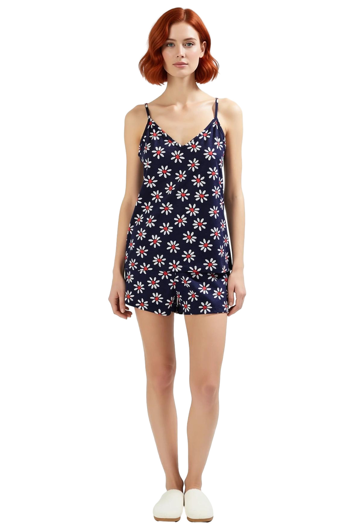 Kadın V Yaka Çiçekli Pamuklu Pijama Takımı Rahat Ev Giyim Seti Yazlık Modern Stil Trend Tasarım