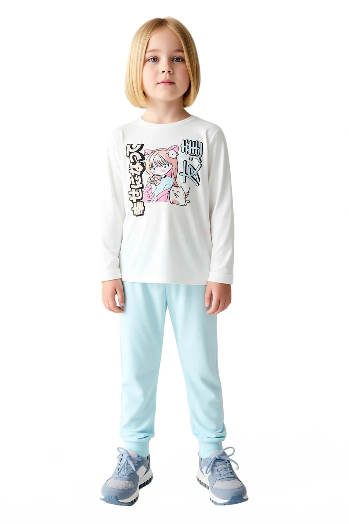 Kız Çocuk Anime Temalı Uzun Kollu Pijama Takımı Kaliteli Şık Rahat Günlük