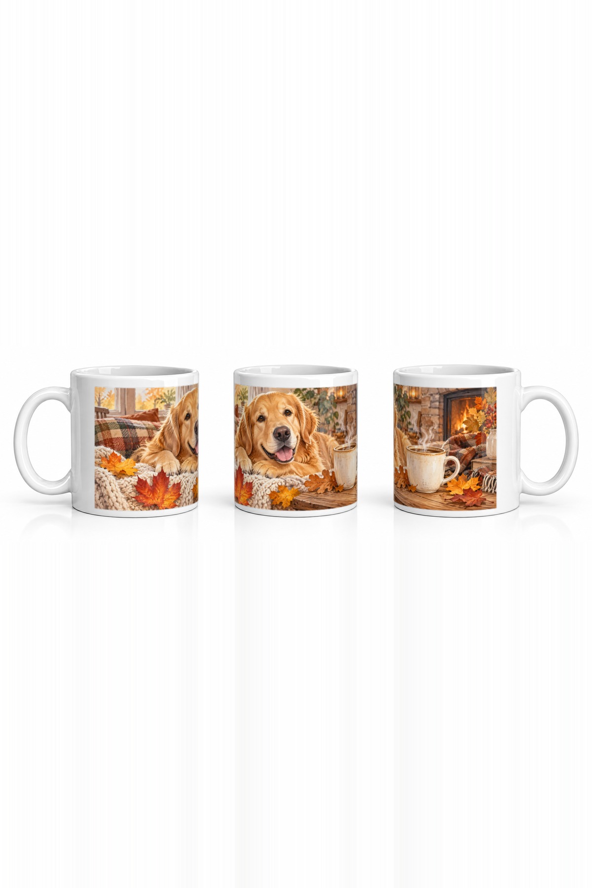Seramik Kupa Golden Retriever Baskılı 300 ml Sonbahar Temalı Hediyelik Kahve Çay Kupası Özel Tasarım