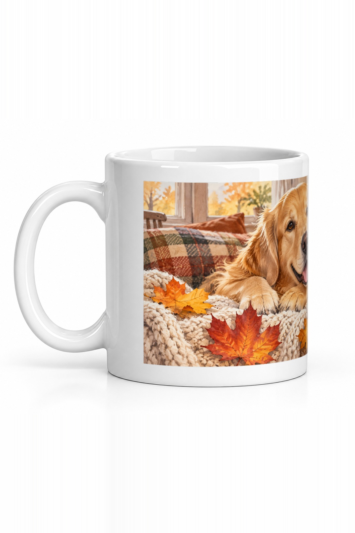Seramik Kupa Golden Retriever Baskılı 300 ml Sonbahar Temalı Hediyelik Kahve Çay Kupası Özel Tasarım